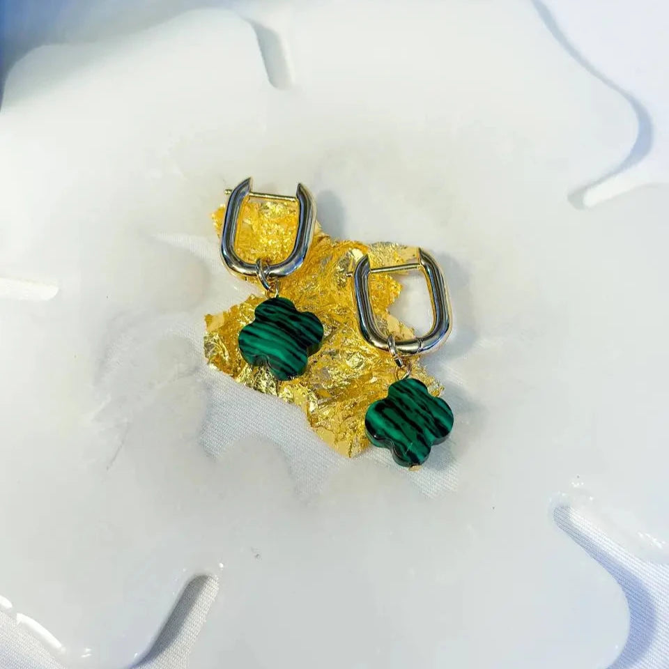 Aretes transformables trébol malaquita verde